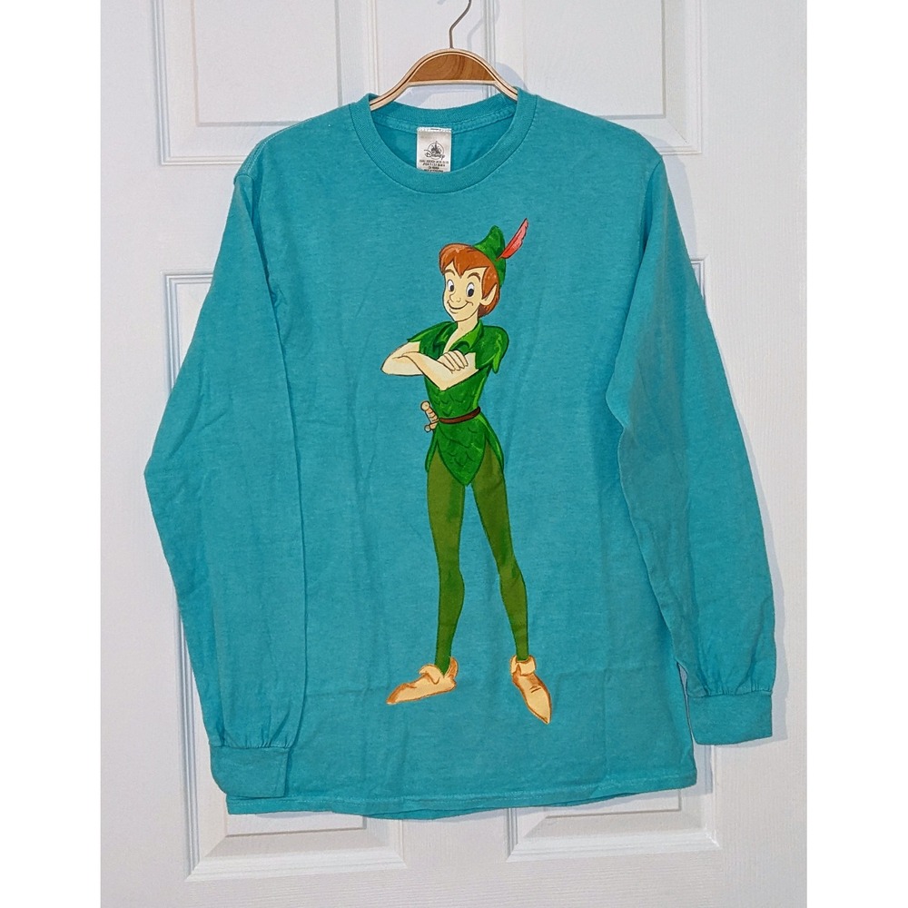 Disney Parks Peter Pan Graphic Long‎ Sleeve Teal Shirt Cartoon Character XS NWOT